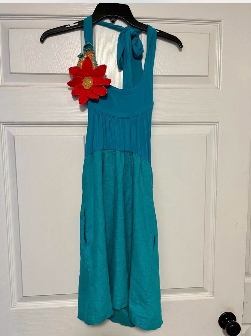 Judith March Teal One-Shoulder Dress with Red Flower Accent
